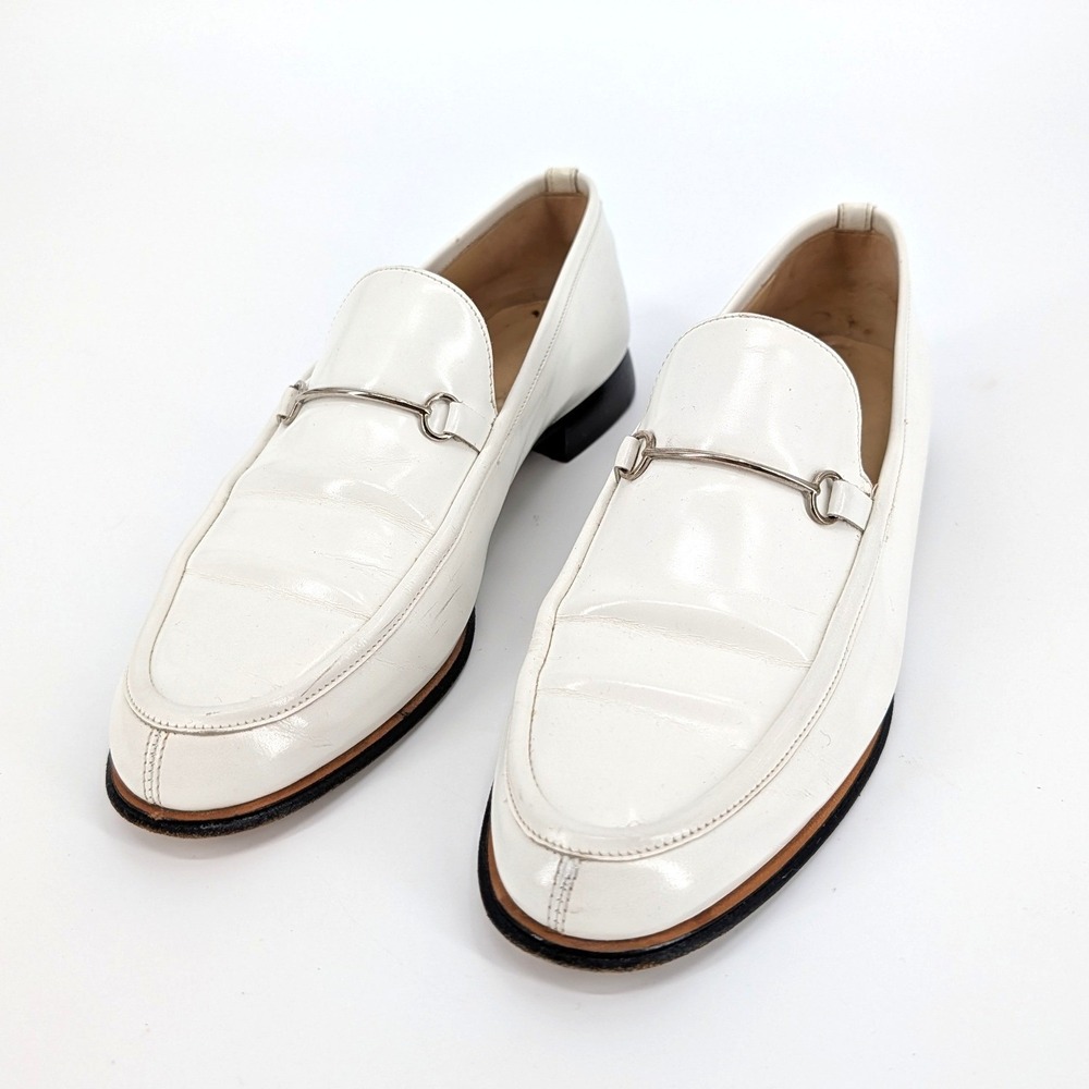 Women's Gucci White Leather Horsebit Loafers Silver‎ Hardware Italy 10B